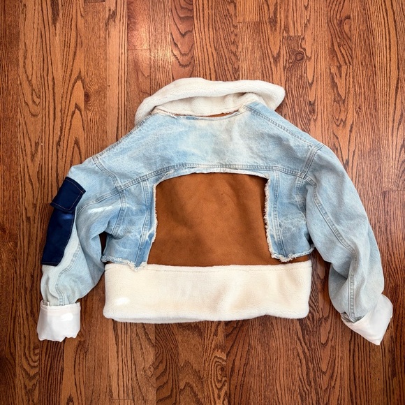 Bida Women’s Vegan Sherpa Patchwork Colorblock Faux Suede Denim Jacket Med NWT - Picture 4 of 9
